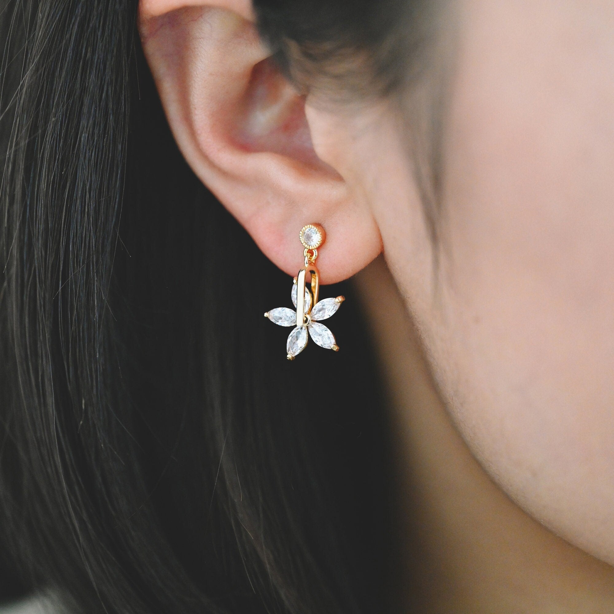 4pcs CZ Pave Flower Ear Posts 14x22mm, Real Gold Plated Brass Stud Earrings (#GB-1494)